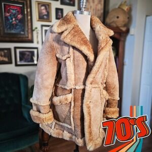 Shearling Coat Mens 42 Vintage 70s Tan Sheepskin Suede Western Winter Jacket USA